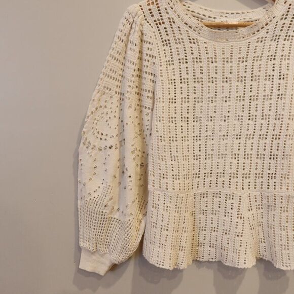 ALC crochet open knit sweater white baloon sleeve Large peplum stretch lace crew - Picture 2 of 9